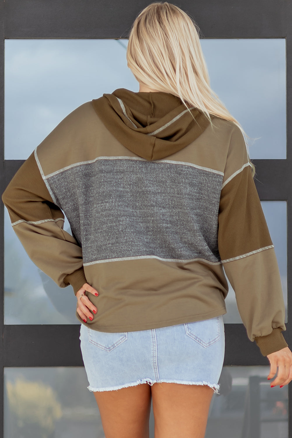 Waffle Knit Patchwork Buttoned Hooded Sweatshirt