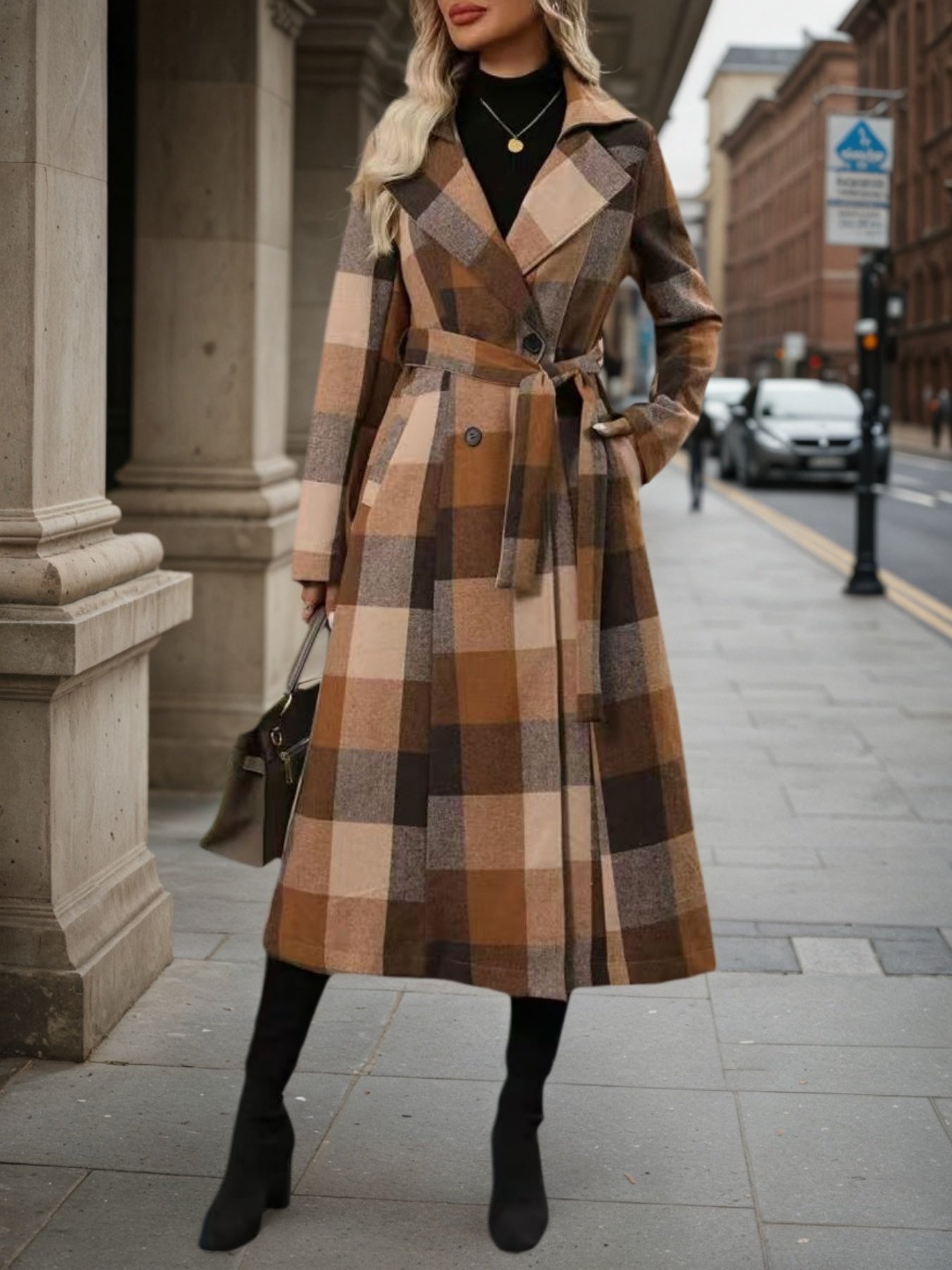 Women's long double-breasted woolen coat with lapel collar and lace-up detail