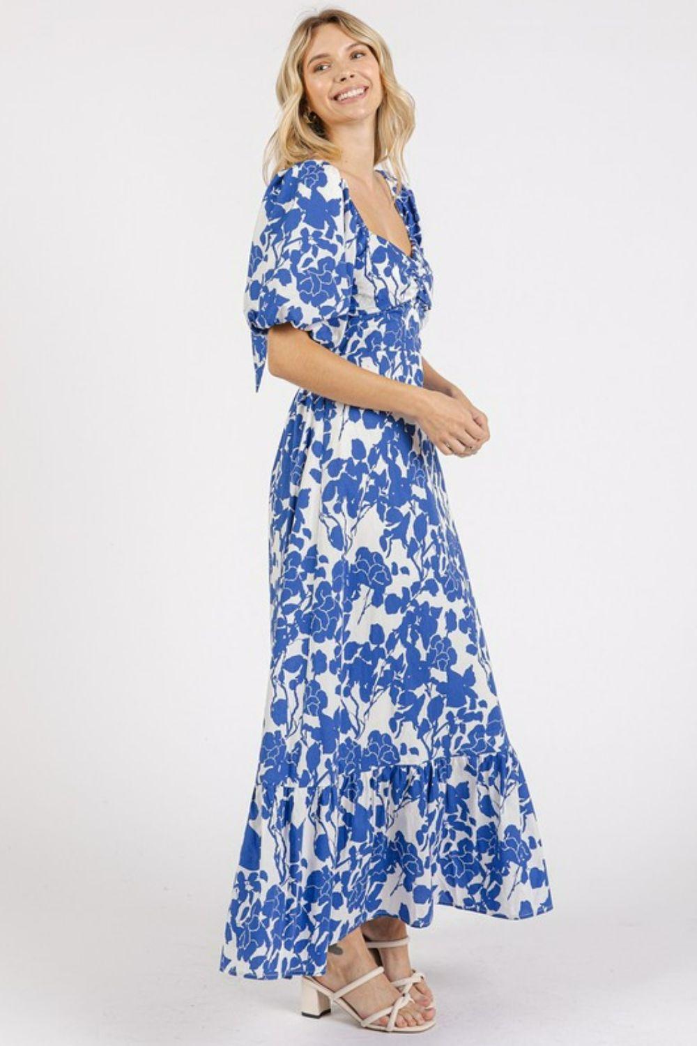 Floral Sweetheart Neck Puff Sleeve Mini Dress with Cutout Back