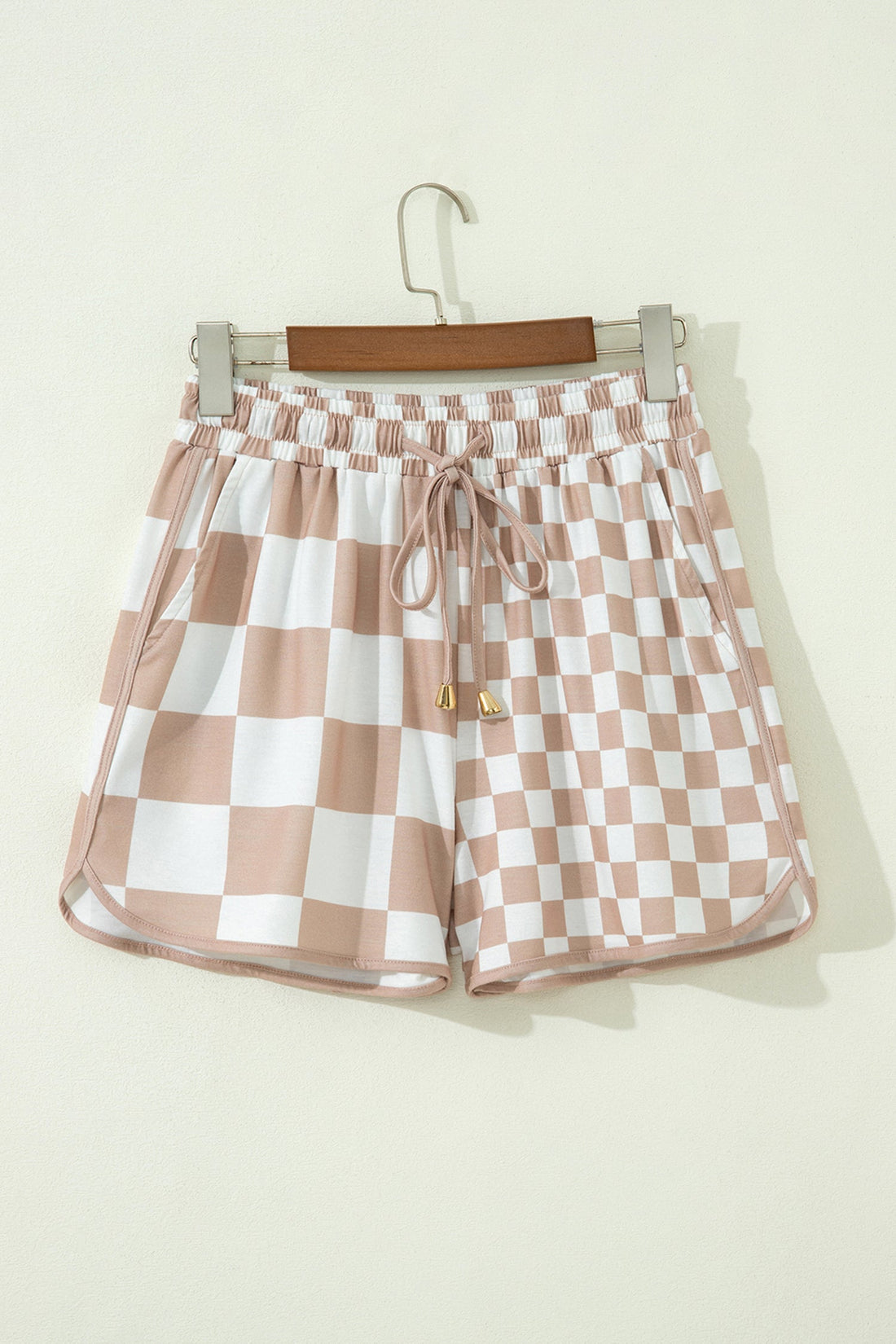 Beige and White Checker Patchwork Beaded Drawstring Shorts