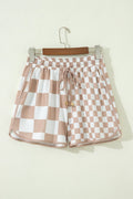 Beige and White Checker Patchwork Beaded Drawstring Shorts