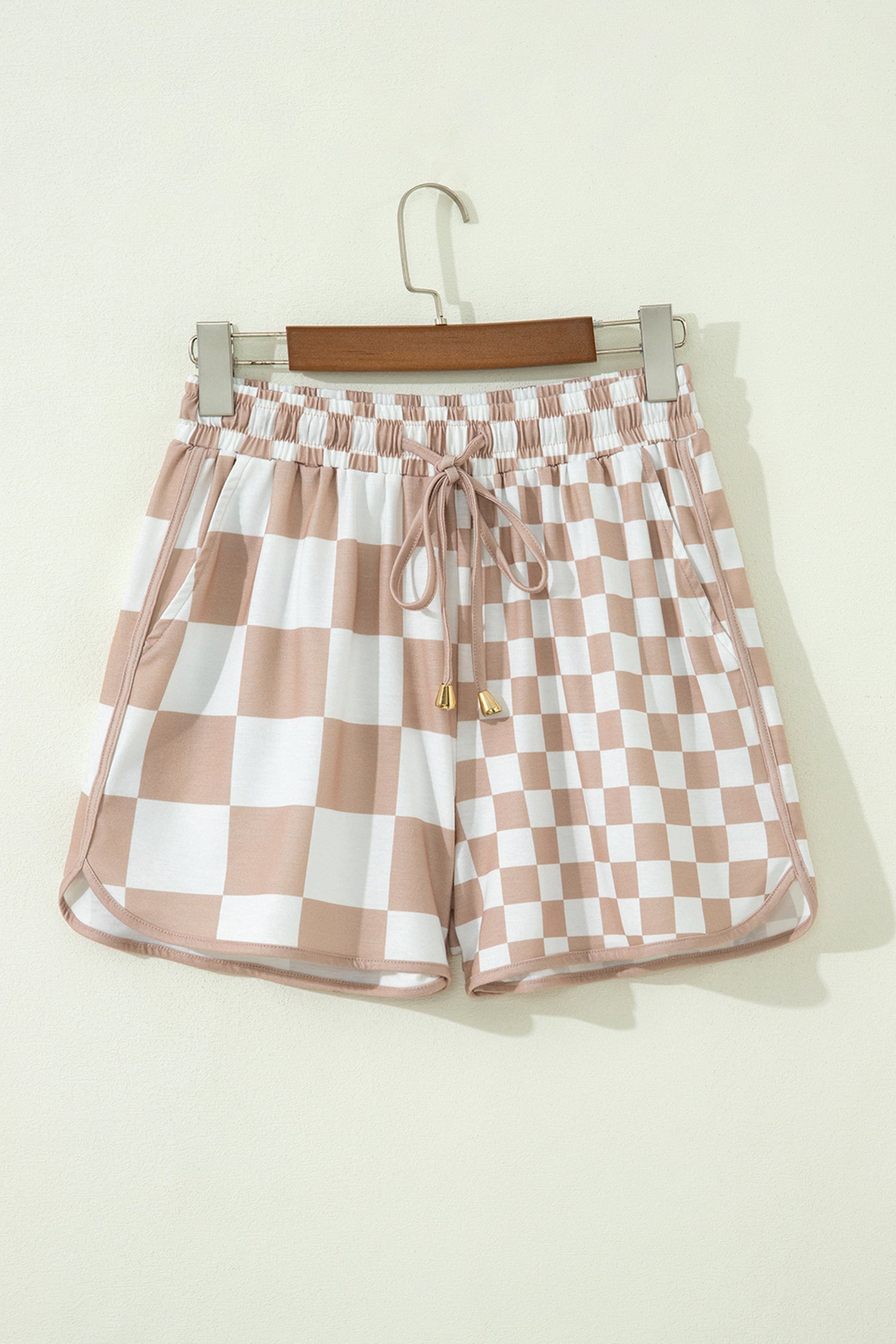 Beige and White Checker Patchwork Beaded Drawstring Shorts