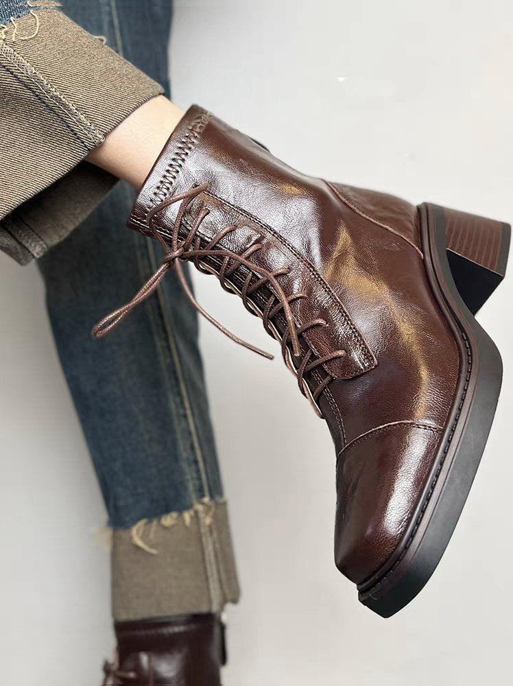 Lace-Up Square Toe Martin Boots | Block Heel Short Ankle Boot