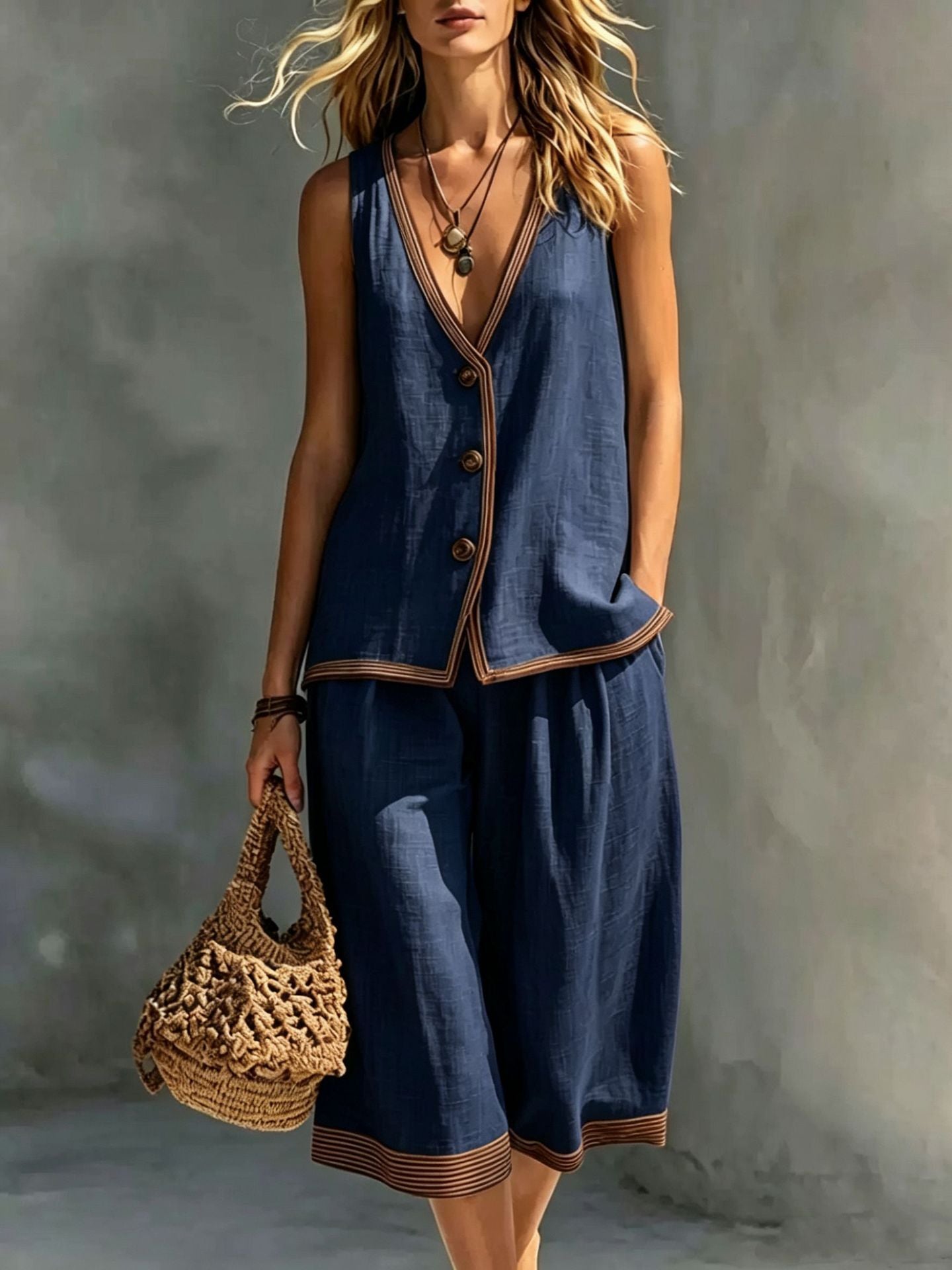 Women's Sleeveless Buttoned Vest and Shorts Two-Piece Linen Set