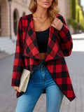 Elegant plaid open-front long sleeve jacket worn over a casual outfit
