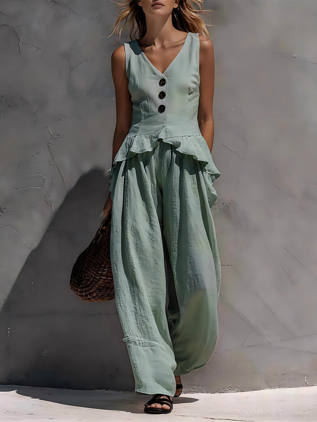 Button-Front Ruffled Tank Top and Wide-Leg Pants Set - Image 7