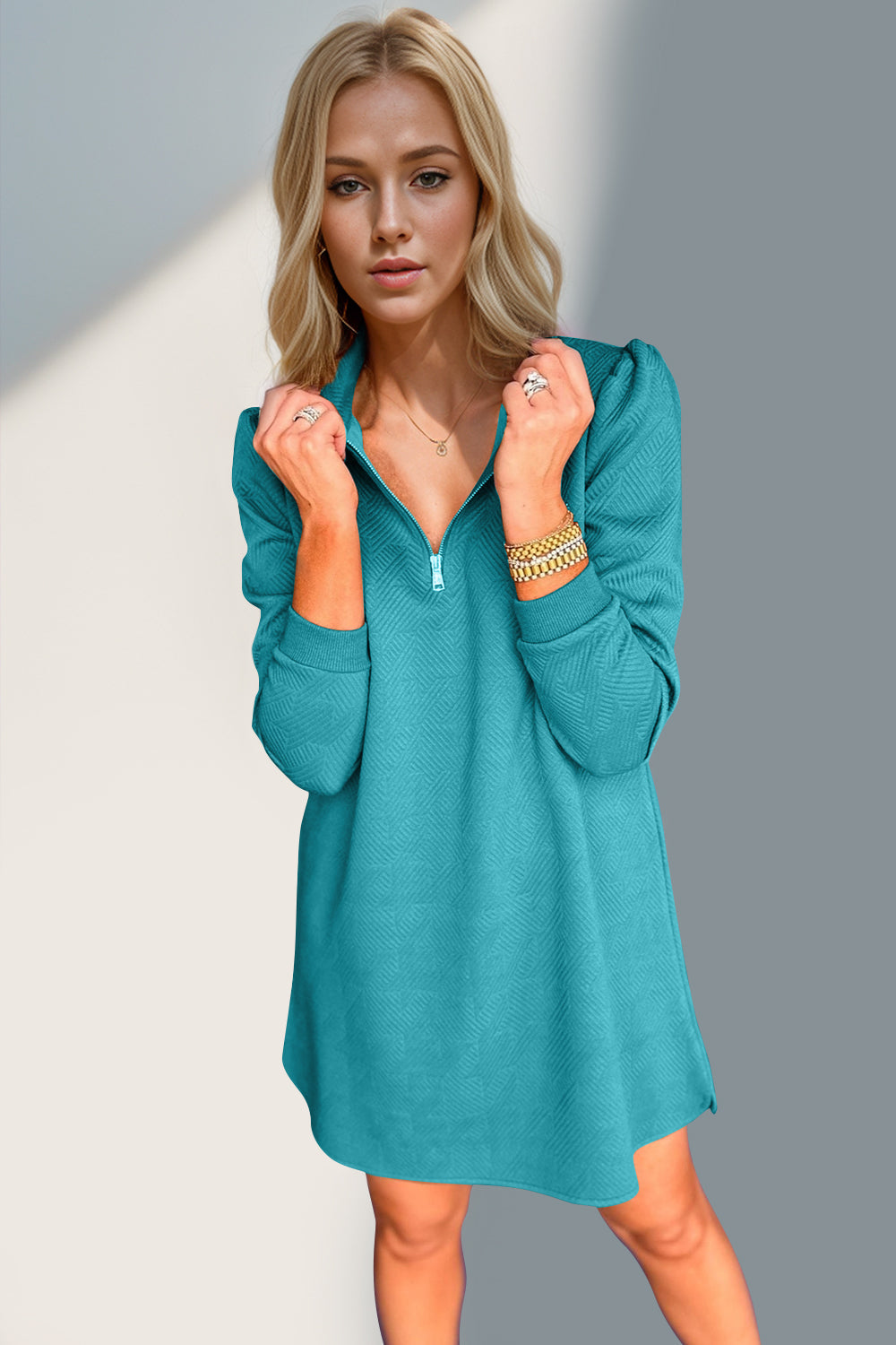 Textured Zip-Front Long Sleeve Dress - Elegant Women's Apparel