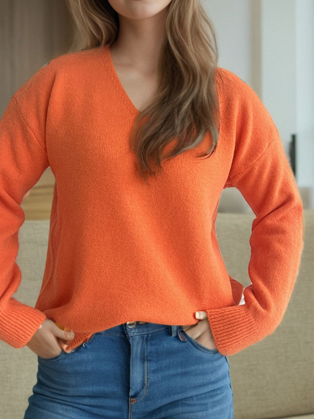 Women's V-Neck Dropped Shoulder Long Sleeve Knit Sweater - Image 16