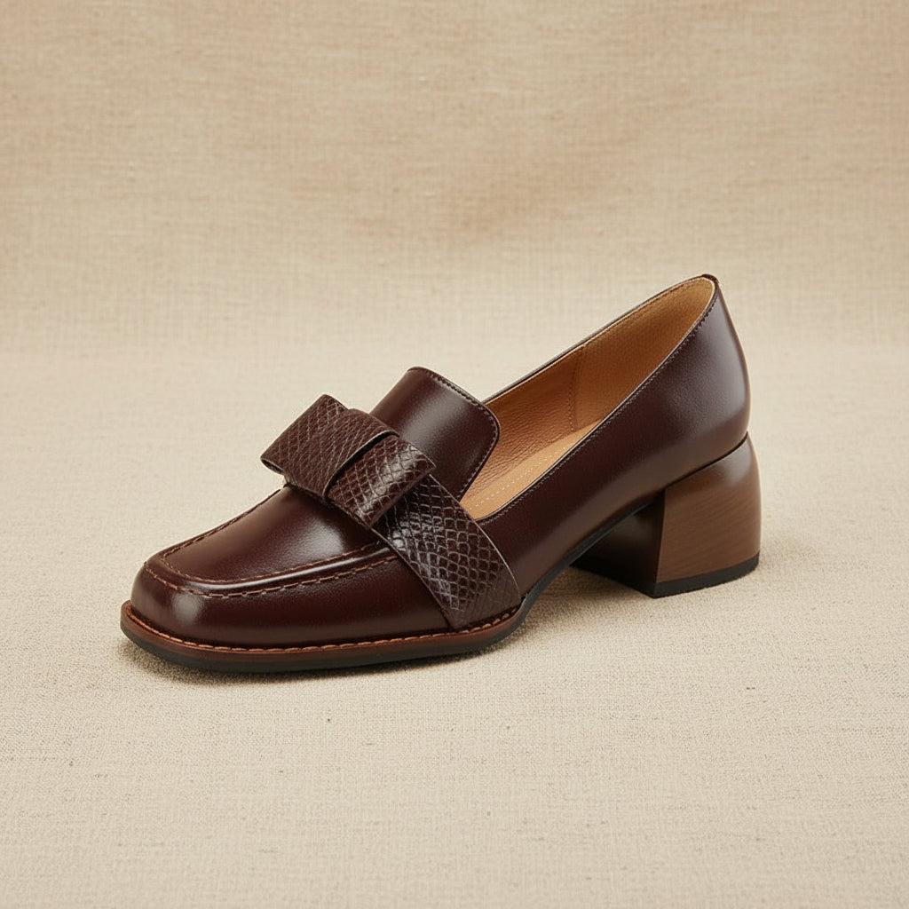 Women Brown Square Toe Chunky Heel Pumps with Decorative Bow - Image 4