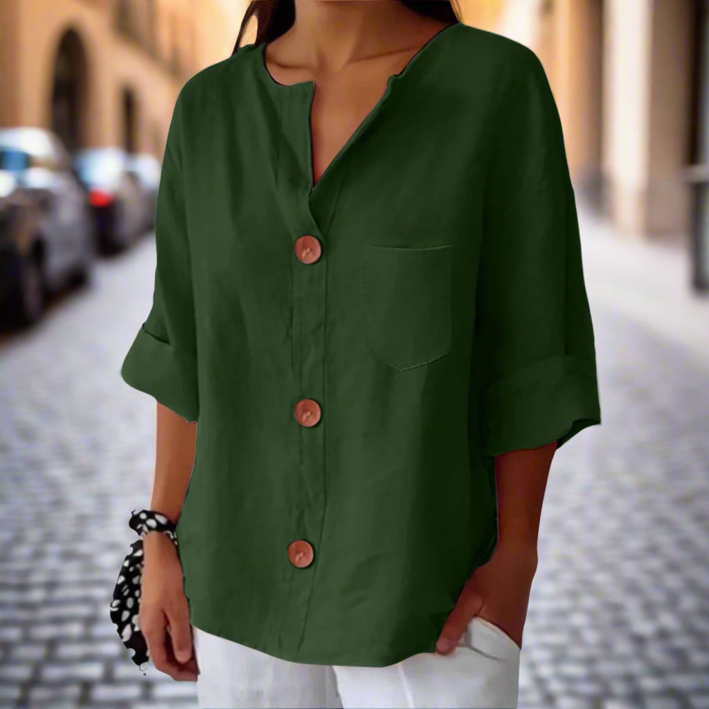 Women’s Loose V Neck Button Up Top in Cotton Linen Blend - Image 3