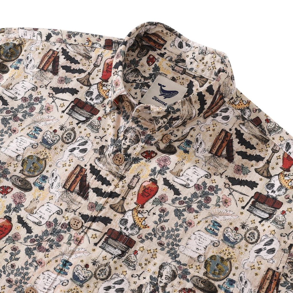 Men's Whimsical Gothic Hawaiian Button-Down Shirt in Beige