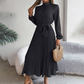 High Neck Pleated Long Sleeve Maxi Dress in Light Blue & Maroon