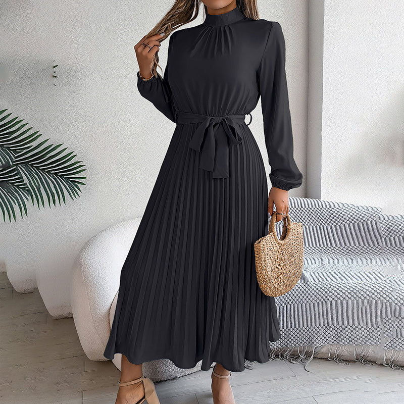 High Neck Pleated Long Sleeve Maxi Dress in Light Blue & Maroon