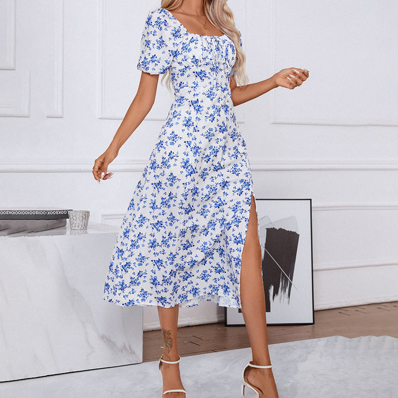 Women Square Neck Floral Print Puff Sleeve Side Slit Maxi Dress - Image 3
