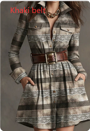 Women's Plaid Long Sleeve Mini Shirt Dress with Waist Belt
