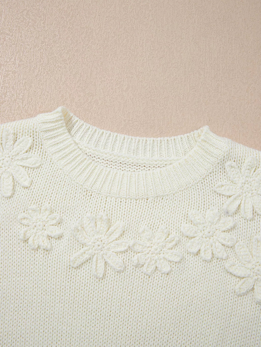 Flower Detail Round Neck Contrast Textured Puff Sleeve Sweater