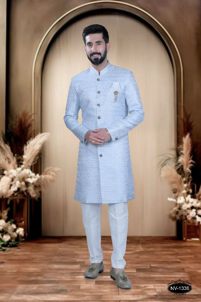 Blue and white cotton silk embroidered kurta for boys