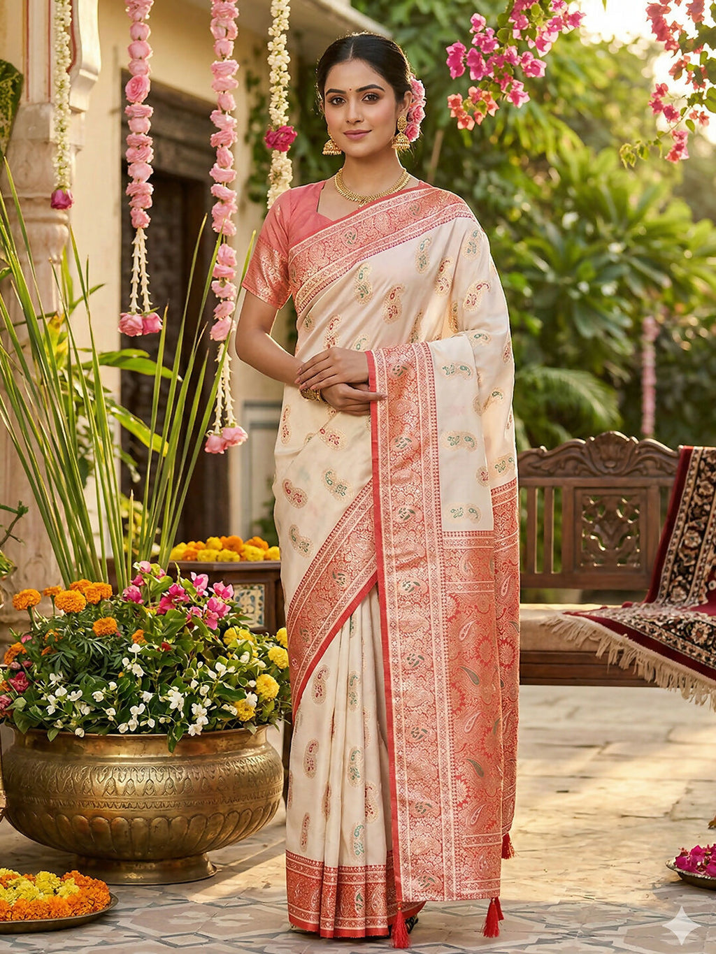 Elegant white silk blend saree featuring a matching blouse piece