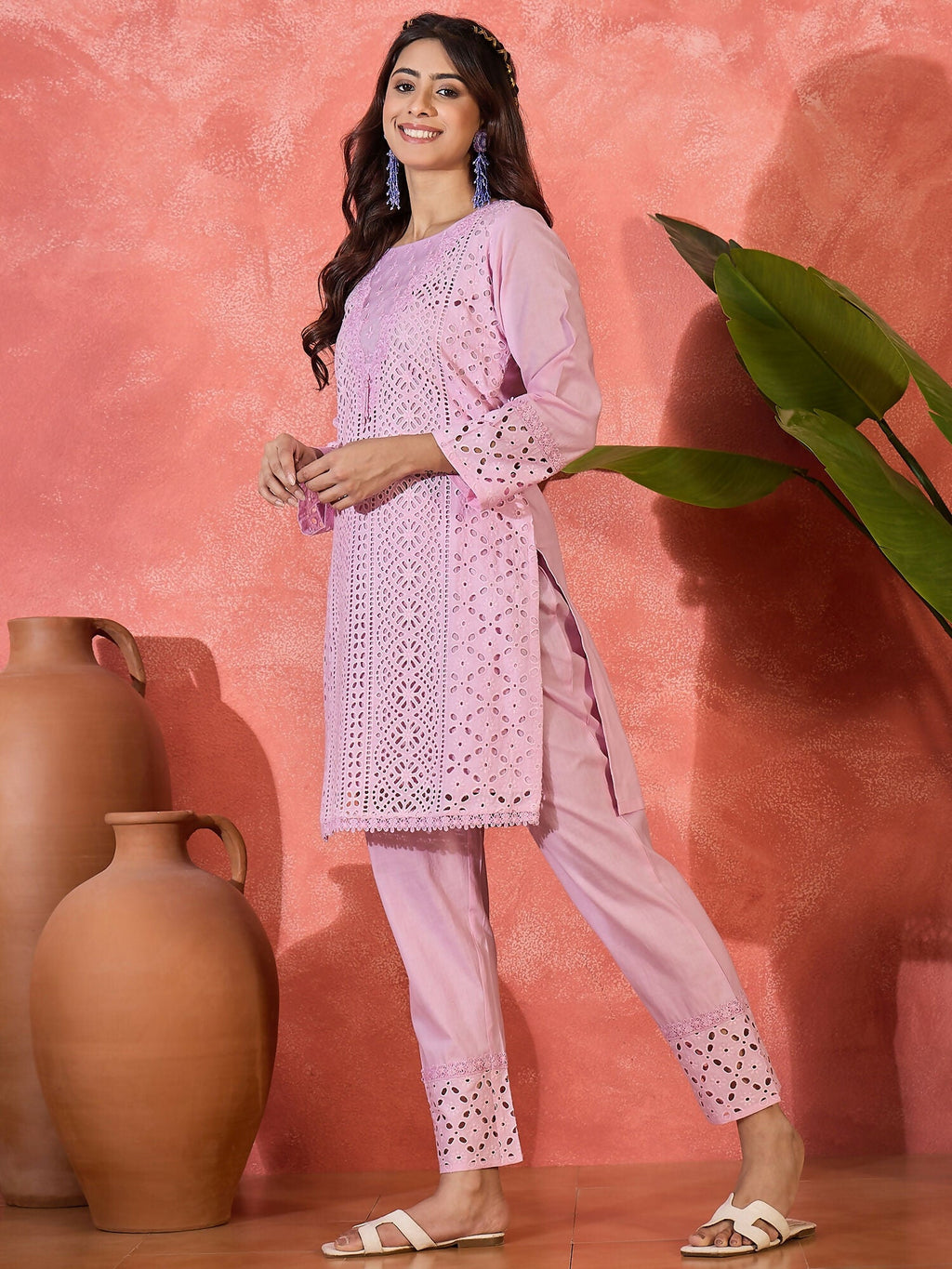 Pink Embroidered Pure Cotton Cord Set with 3/4 Sleeves