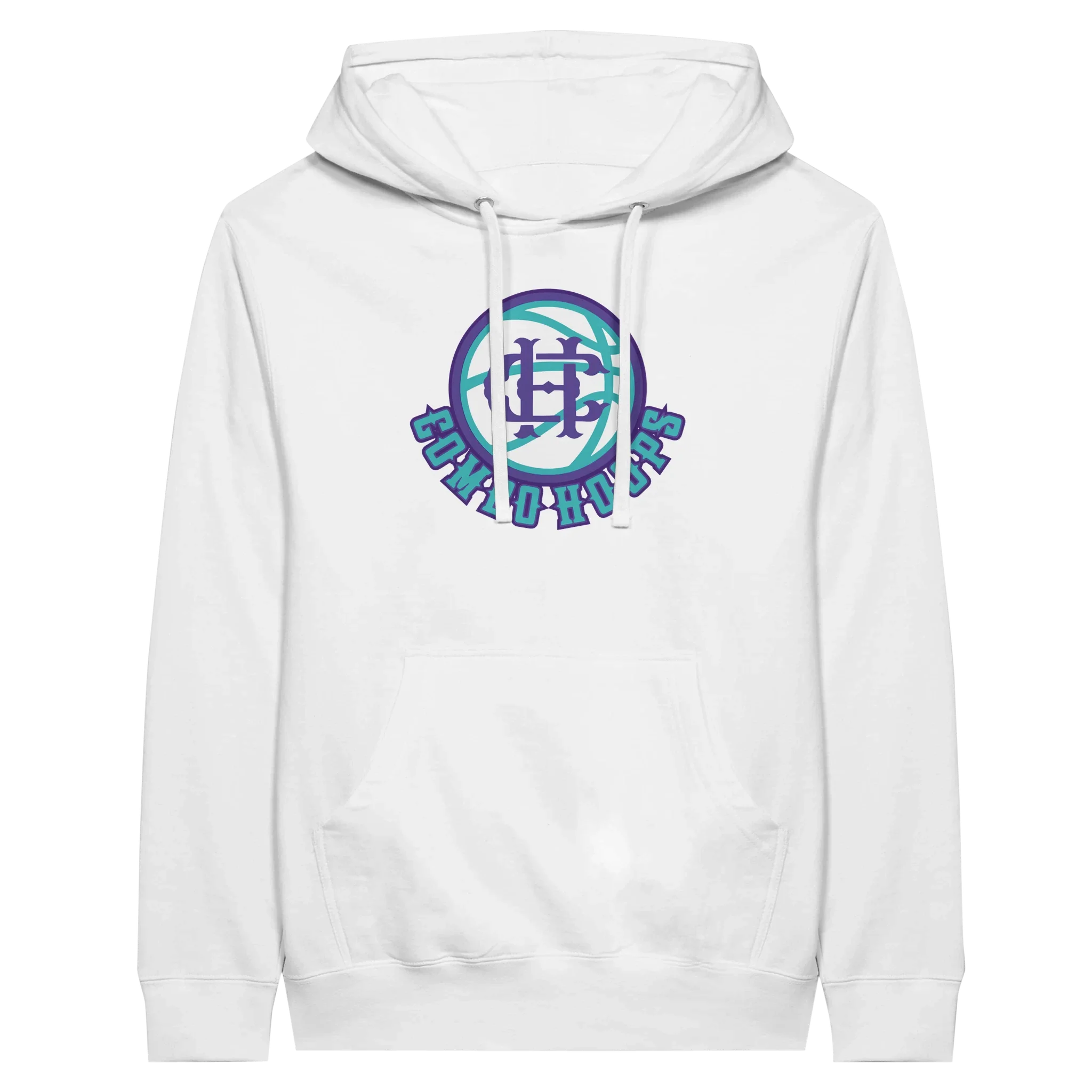 Unisex graphic hoodie in white and black, featuring the Nh Combo Hoops logo, a front pouch pocket, and matching drawstrings.