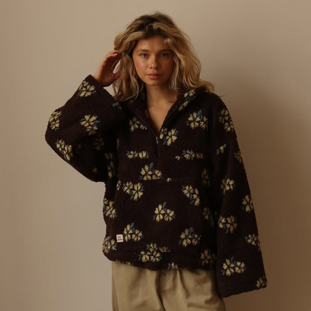Winter Flowers Fleece Pullover Womens Cozy Zip Up Floral Sweatshirt - Image 5