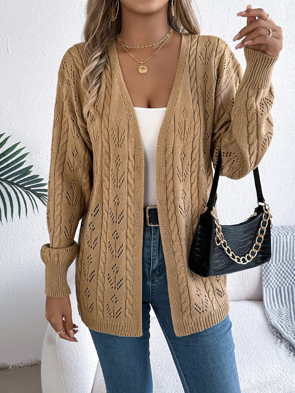 Openwork Open Front Long Sleeve Cardigan