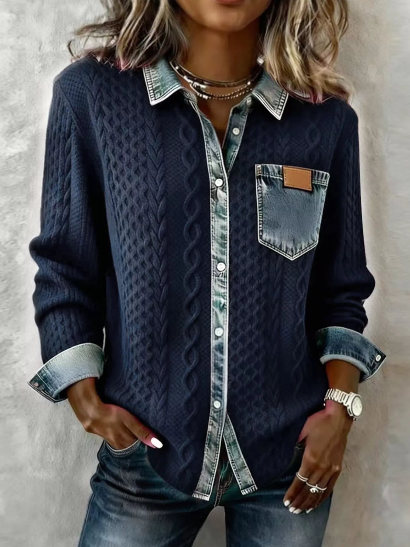 Denim Trim Cable Knit Cardigan | Buttoned Pocketed