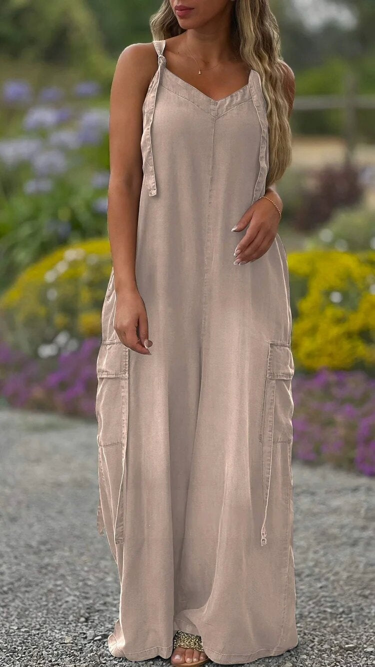 Women's V-Neck Wide Leg Jumpsuit in Washed Charcoal Grey