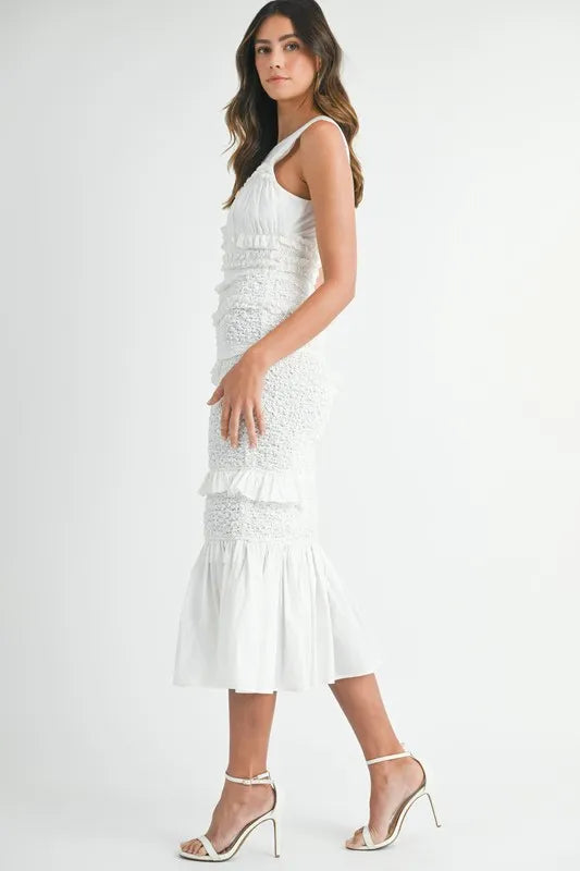 White Ruffled Popcorn Smocked Mermaid Midi Dress