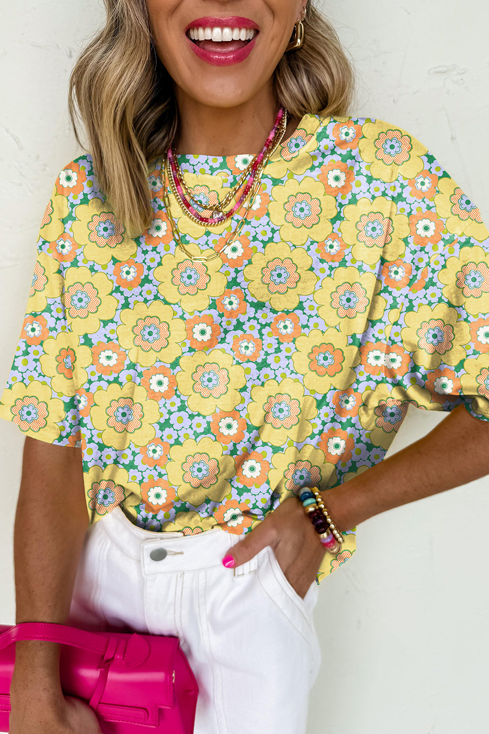 Yellow Flower Print Drop Shoulder Loose T Shirt | Summer Boho Tee