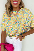 Yellow Flower Print Drop Shoulder Loose T Shirt | Summer Boho Tee