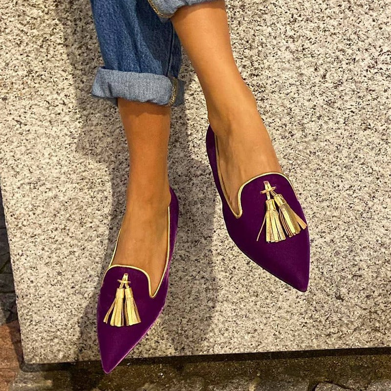 Women's Purple Pointed Toe Suede Flats with Gold Tassel Detail - Image 2