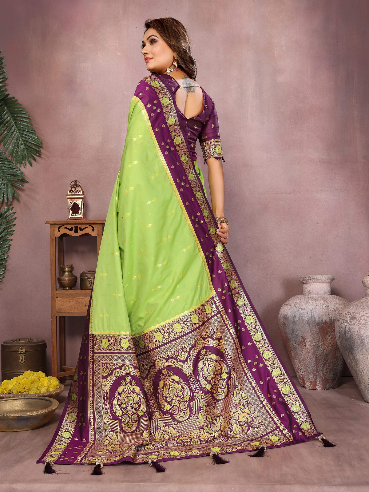 Parrot Green Kalamkari Silk Saree with Zari Woven Border