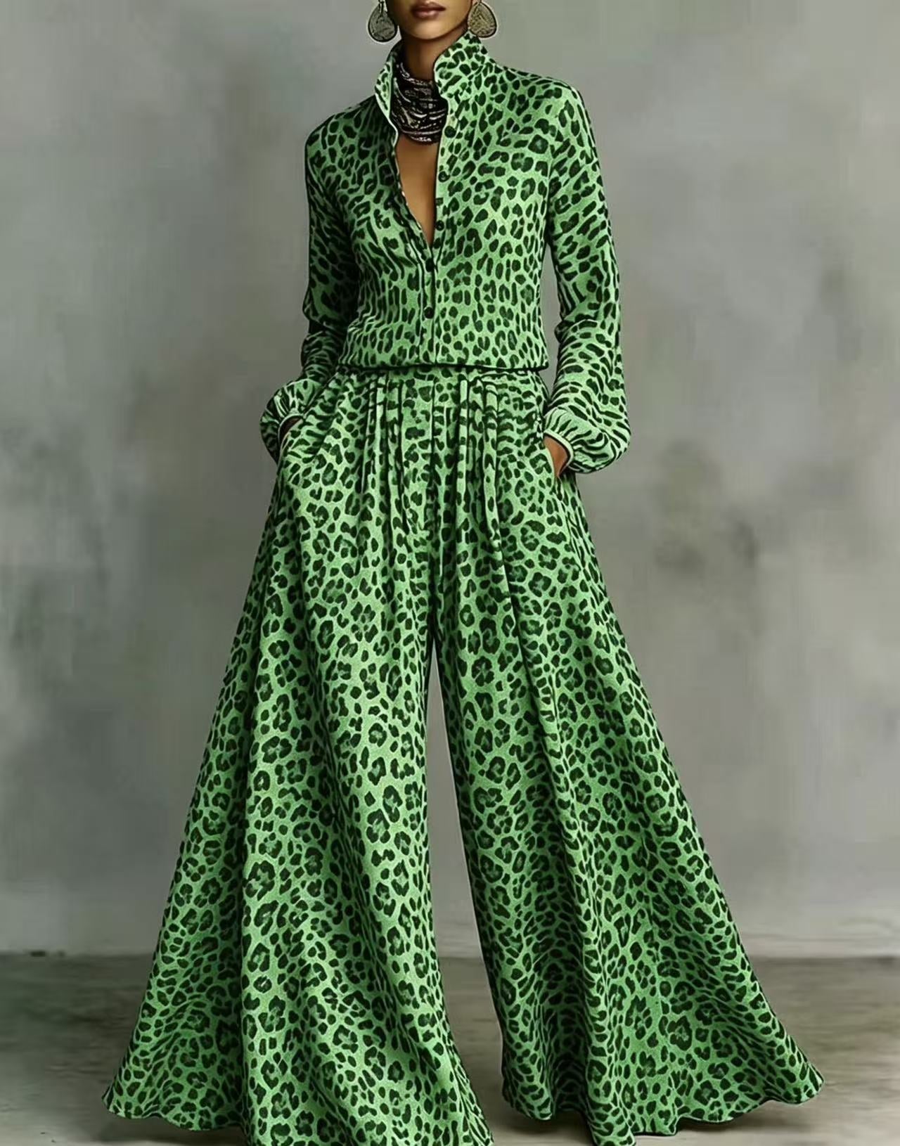 Leopard Print Wide-Leg Pants Set - Bohemian Casual Two-Piece