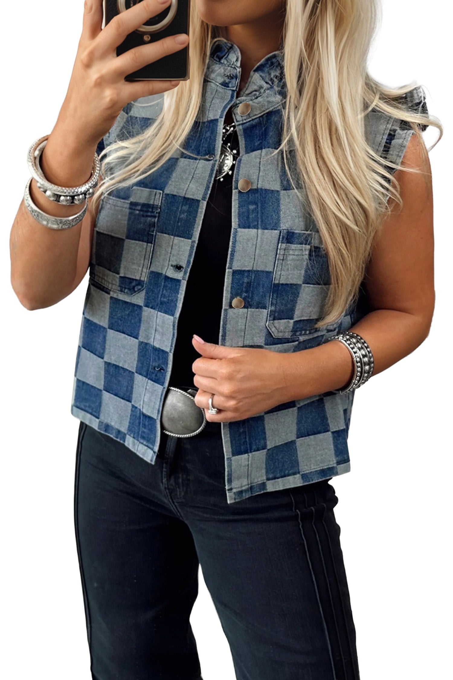 Beau Blue Checkered Ruffle Trim Button Down Denim Vest