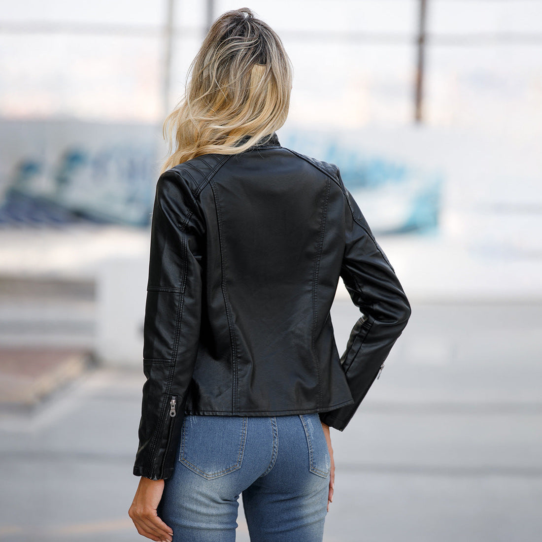Women's Classic Faux Leather Moto Jacket Chic Streetwear Coat - Image 2