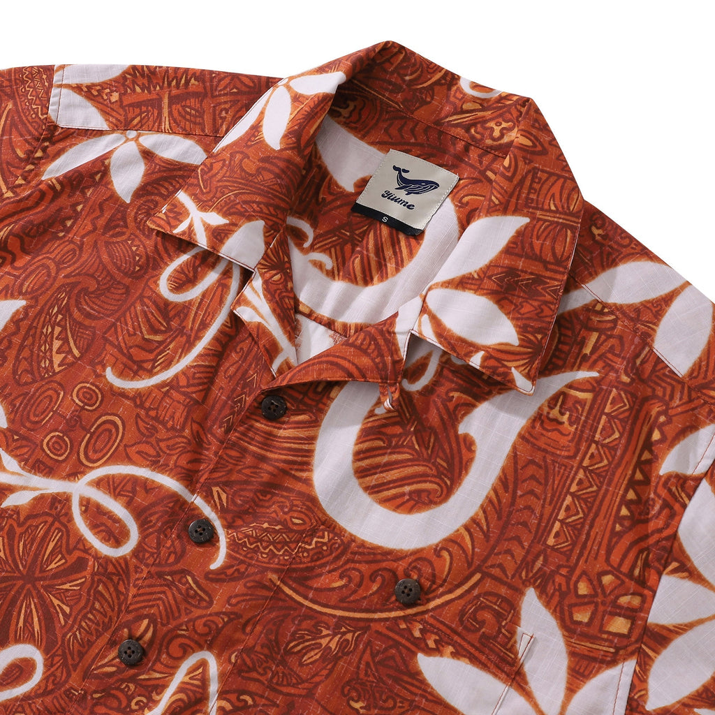 Red Hawaiian Tiki Print Shirt Men's Cotton Camp Collar Casual