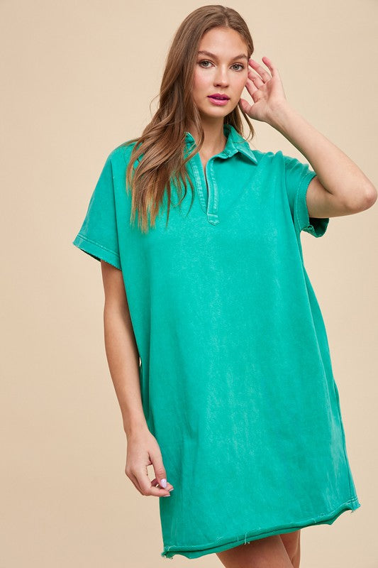 Turquoise short-sleeve casual dress with a vintage mineral wash finish