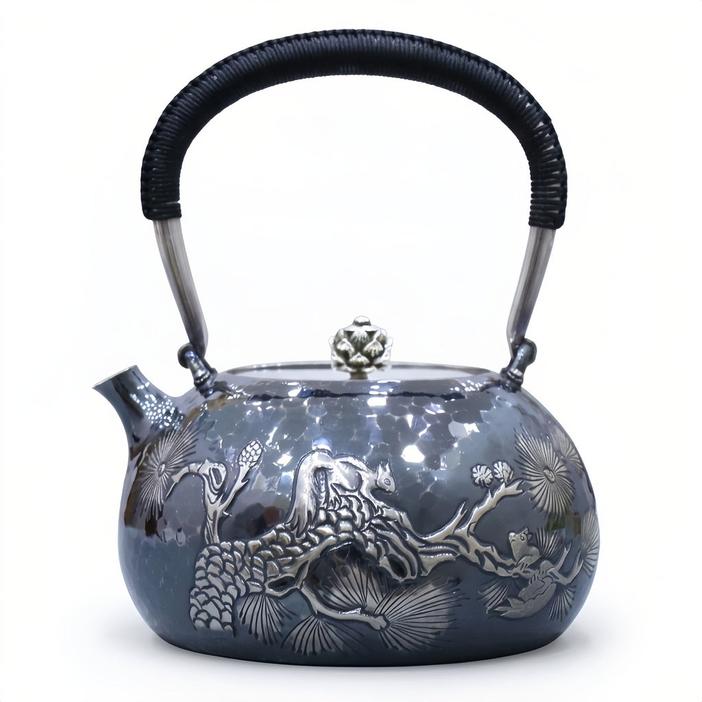 925 Sterling Silver Elegant Handcrafted  Teapot with Nature-Inspired Squirrel and Pine Cone Design-Fine large teapot - Handicraft