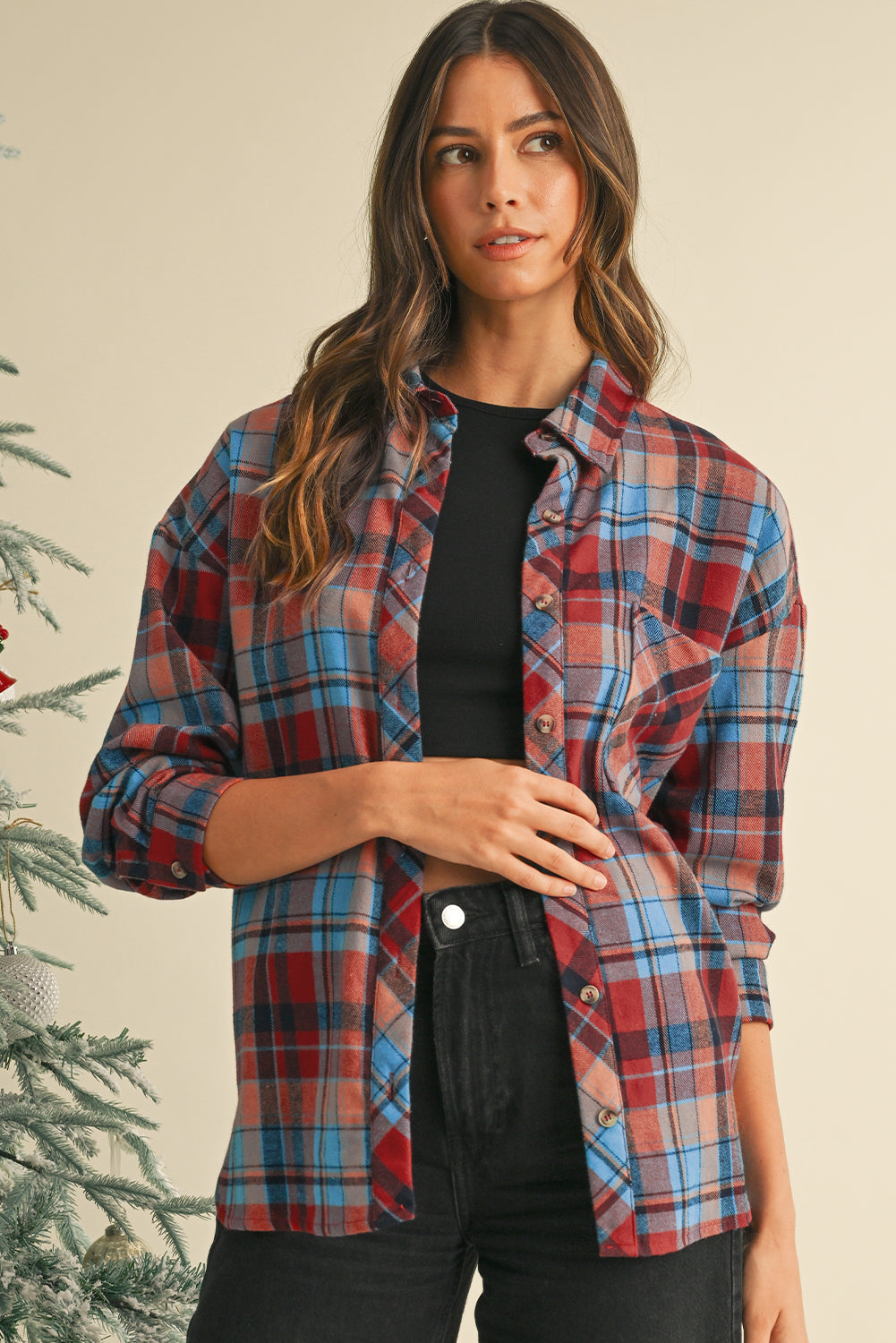 Women's Red Plaid Print Drop Sleeve Loose Shirt Casual Top