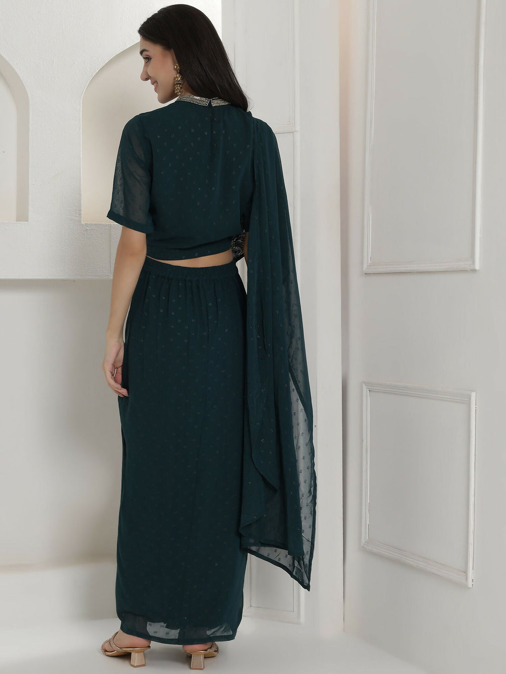 Green Georgette Drape Skirt Set with Hand Embellishment