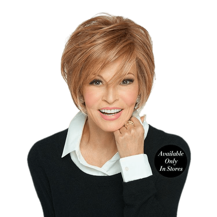 A stylish woman wearing the Easy Does It short wedge wig in a natural brown shade.