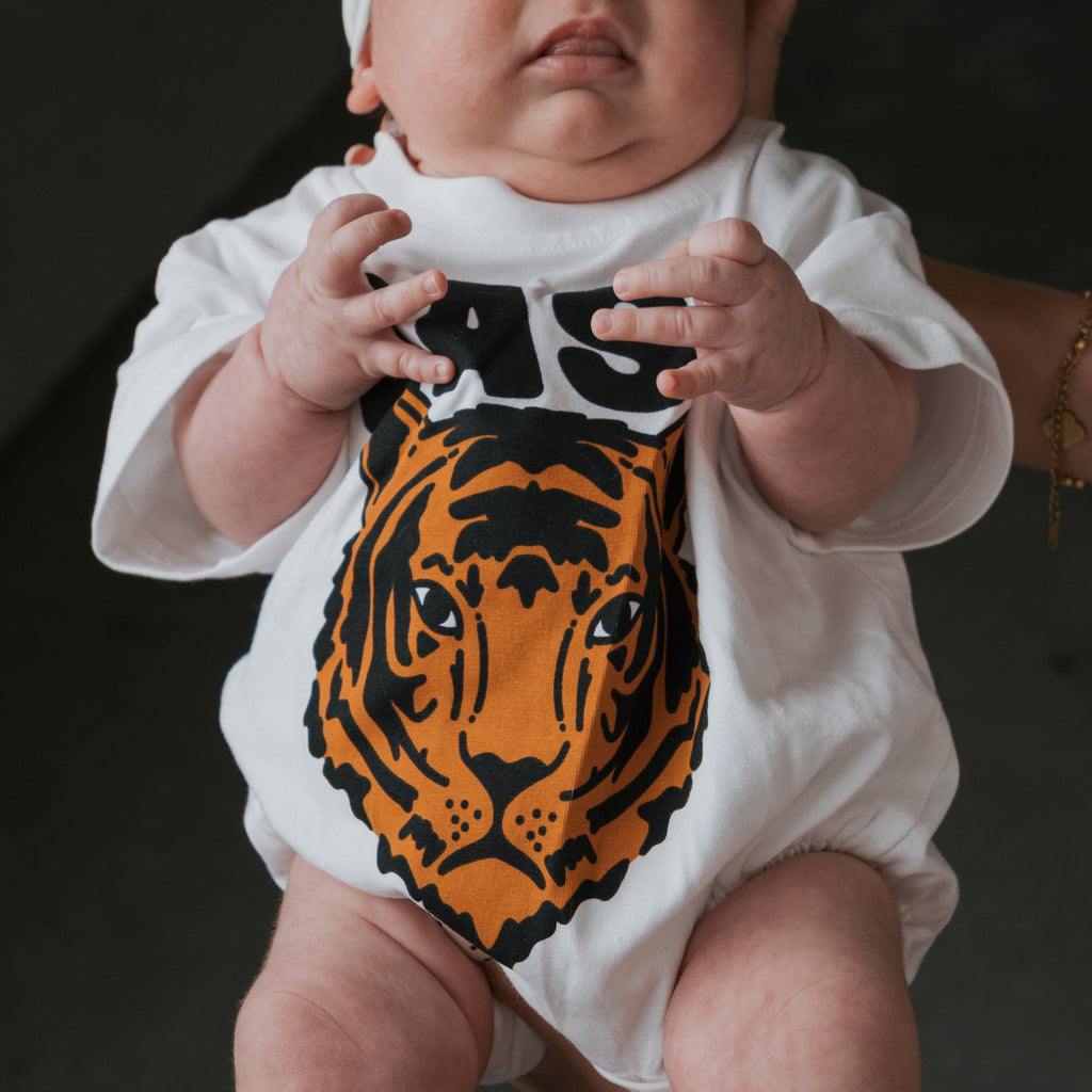 Unisex Short Sleeve Romper for Babies in White, Orange, Black