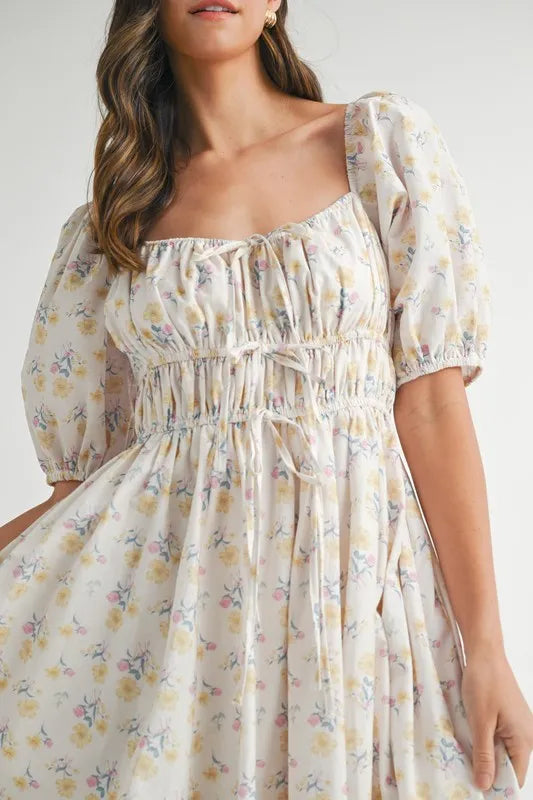Floral Drawstring Puff Sleeve Midi Dress in White, Yellow, Blue
