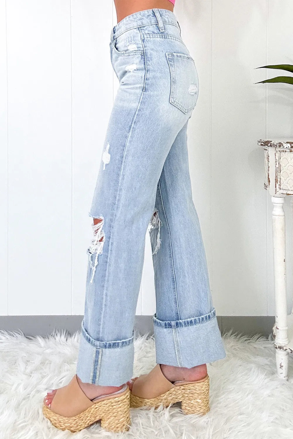 Distressed High Waist Light Blue Jeans | Wide Leg Denim