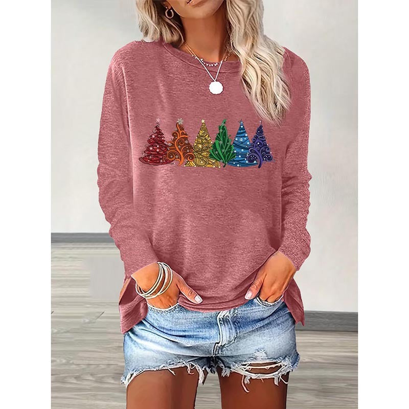 Women Christmas Tree Graphic Long Sleeve T-Shirt Holiday Top
