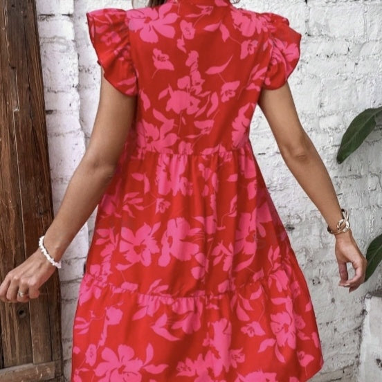 Women’s Floral A-Line Mini Vacation Dress in Red and Pink - Image 2