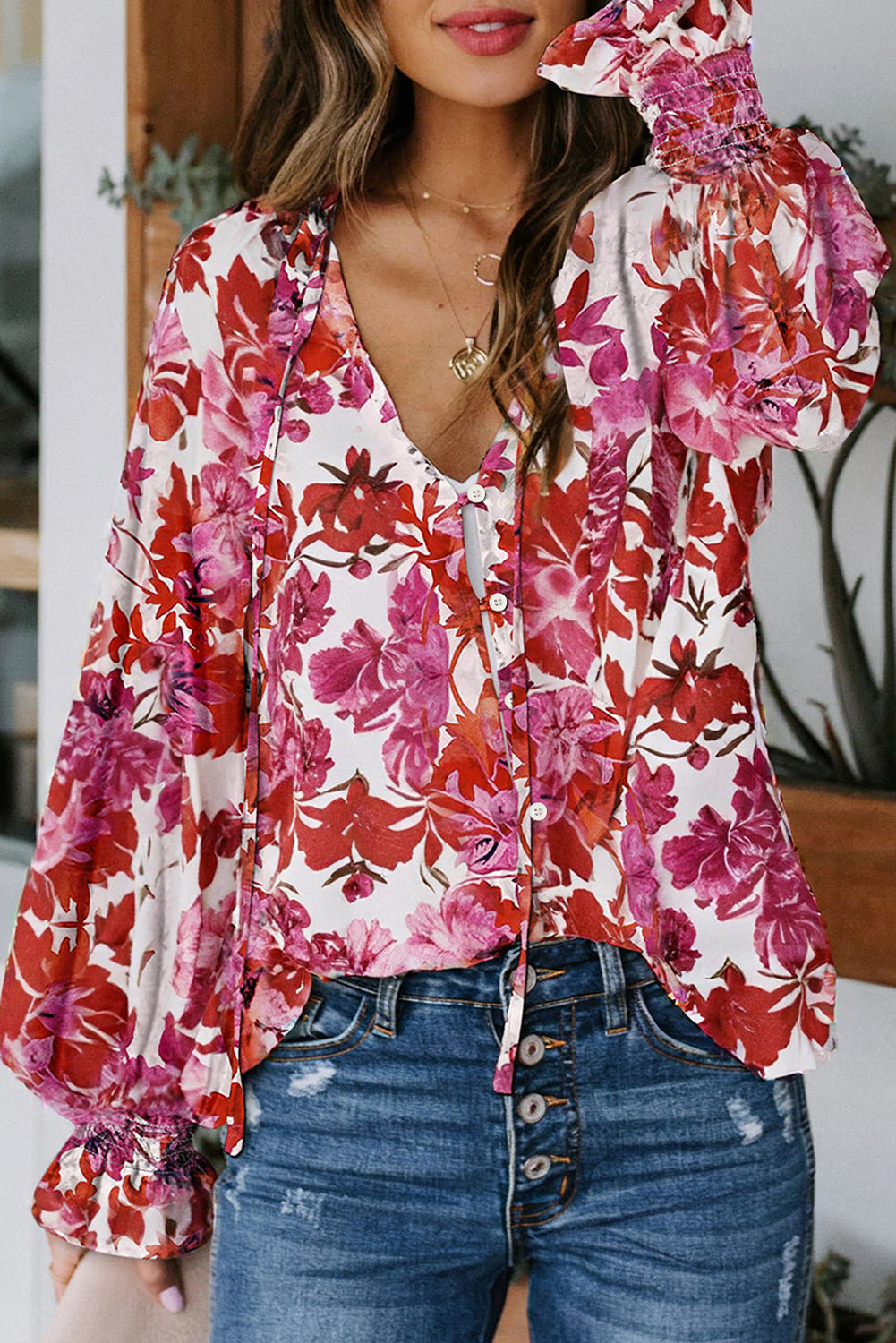 Yellow Cakewalk Floral Smocked Blouse with Long Sleeves - Image 8
