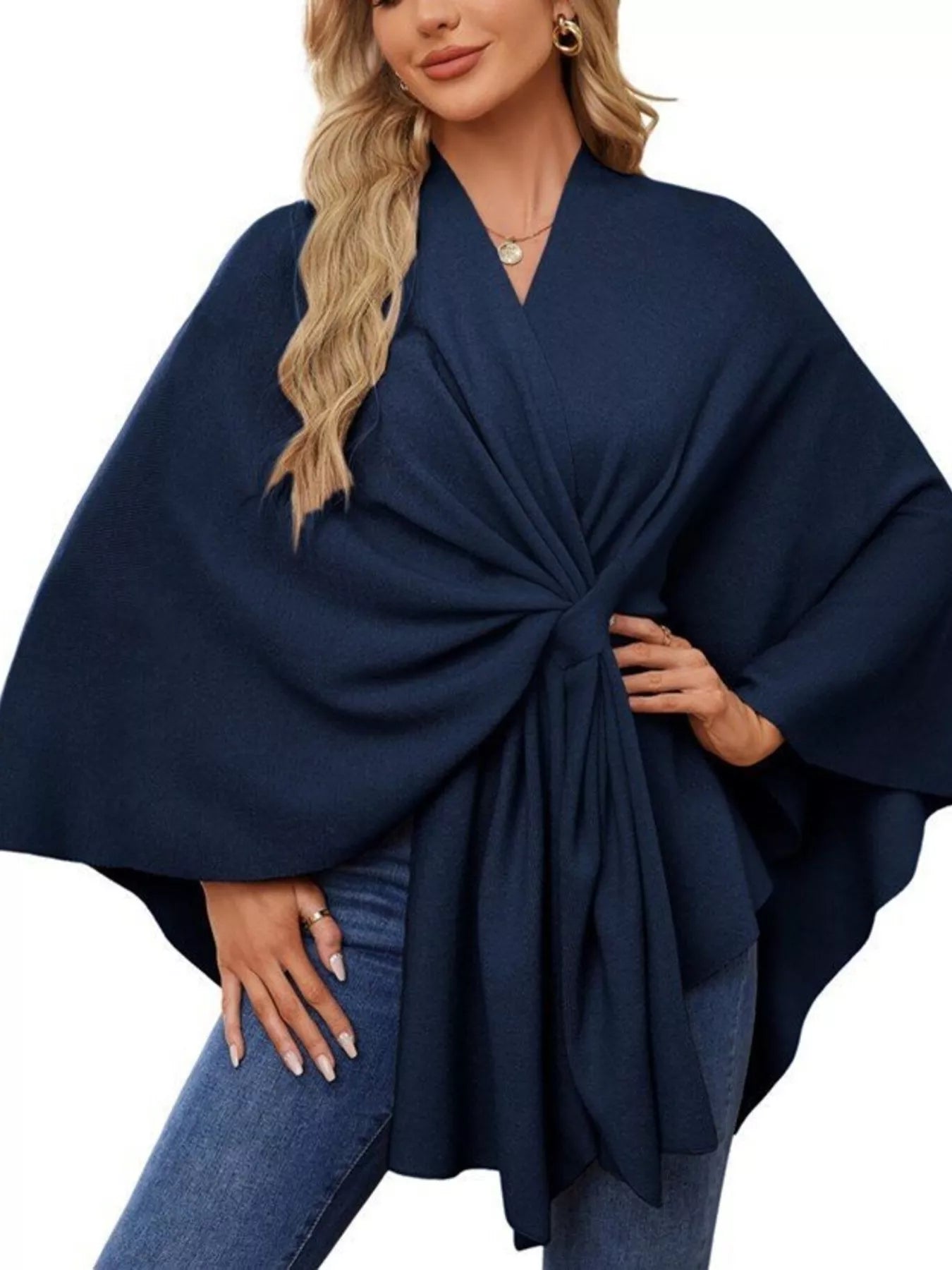 Solid Color Tie-Front Knit Cape Top