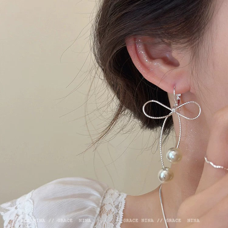 Women Bow Pearl Tassel Stud Earrings,Fashion Costume Accessories For Daily Party Occasion